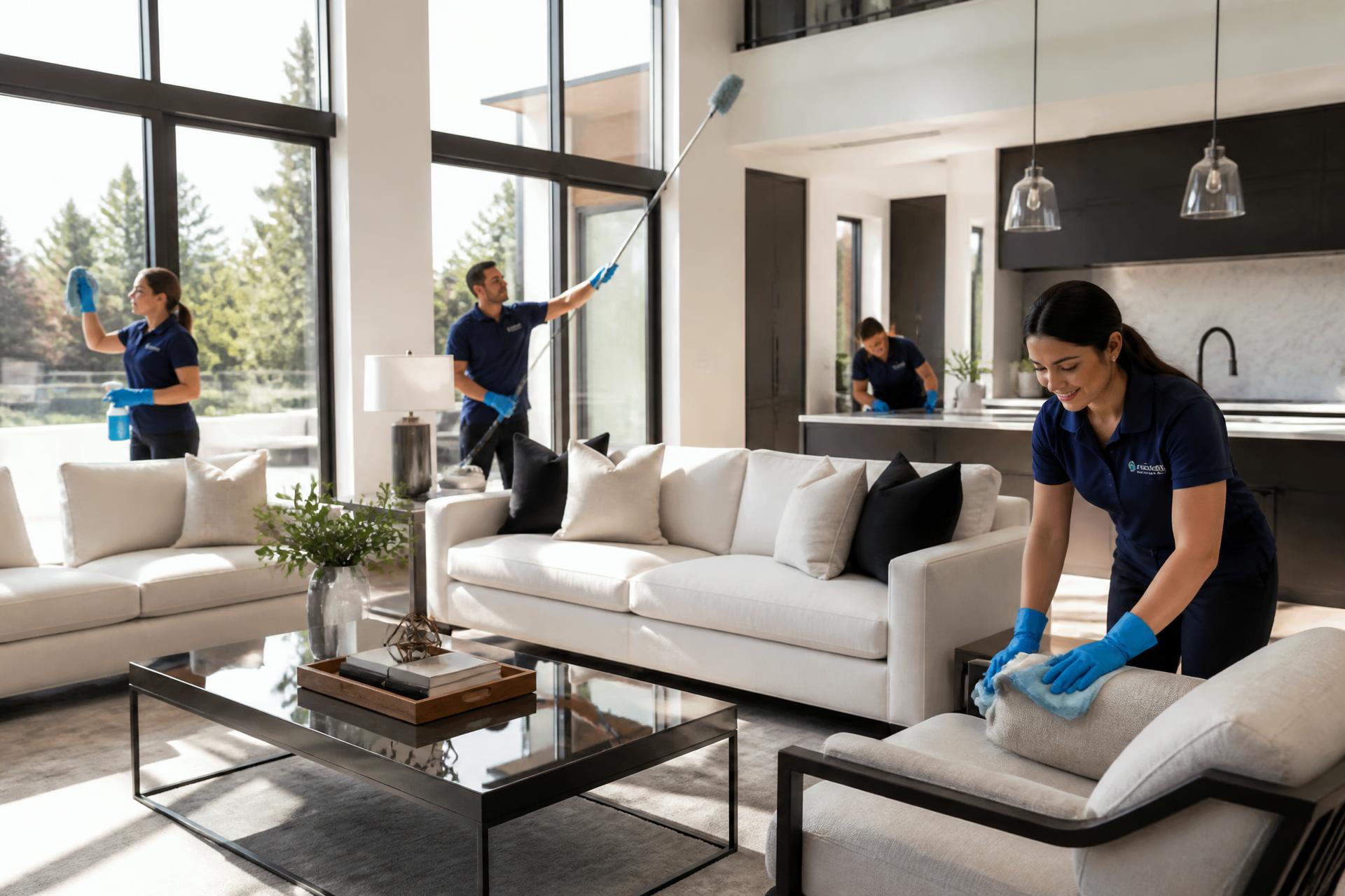 Cleaning crew performing final post-construction cleaning in a newly built luxury home